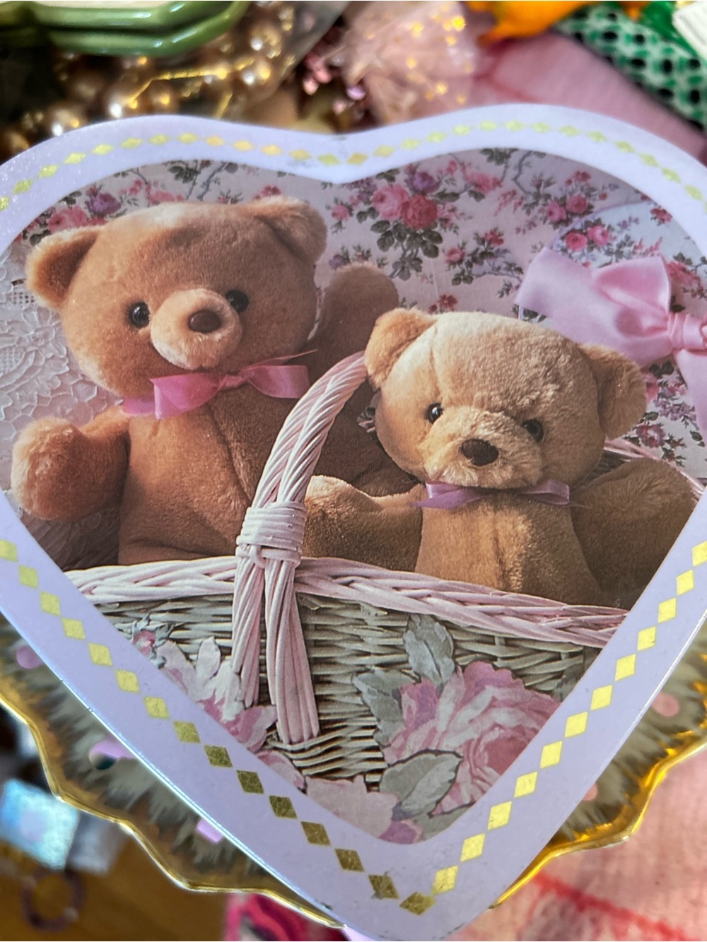 Vintage Heart Tin Bears Cherubs Roses Lavender by Noble Ball 7”x2” metal tin